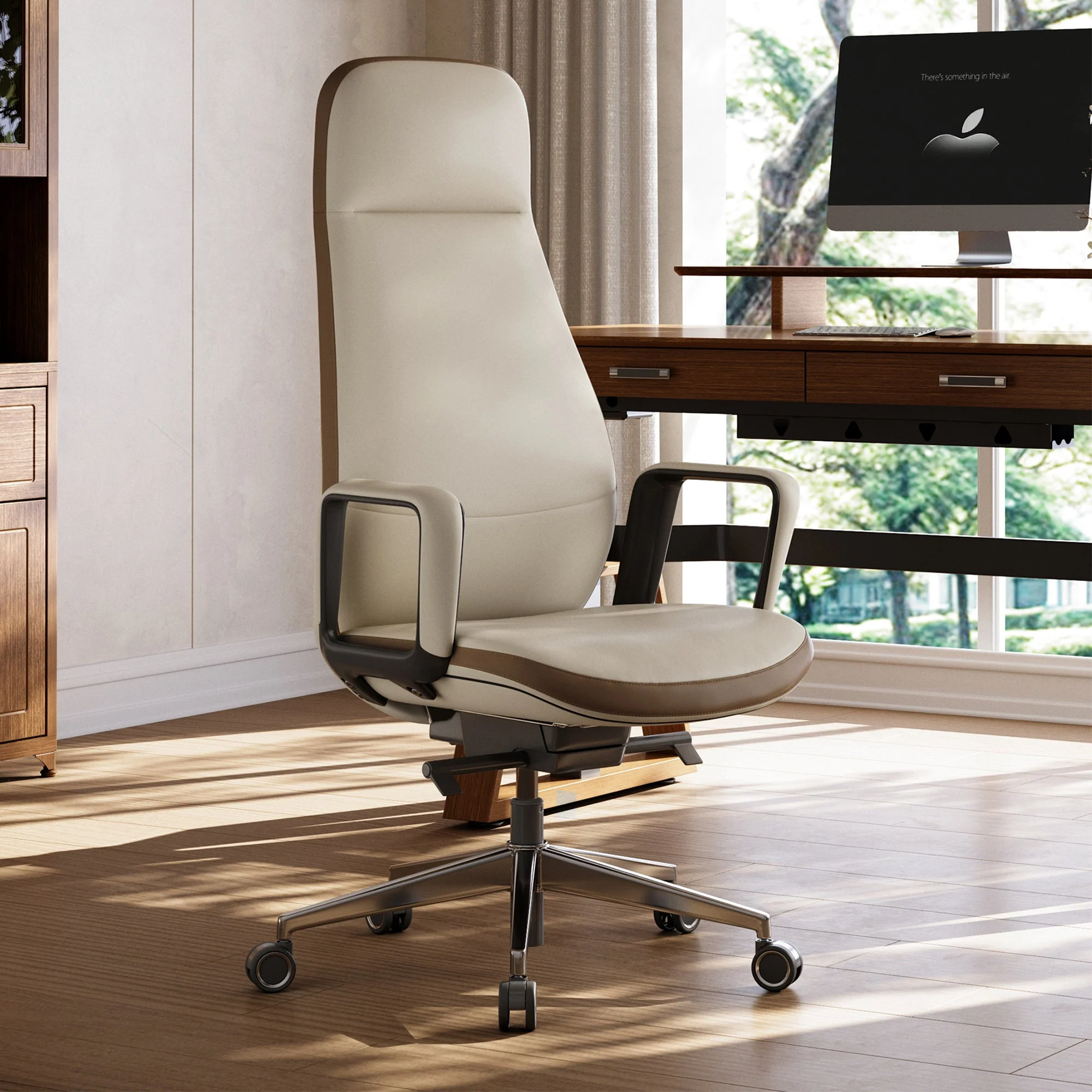 Solid Wood Arm Task Office Chair - Retro PU Leather