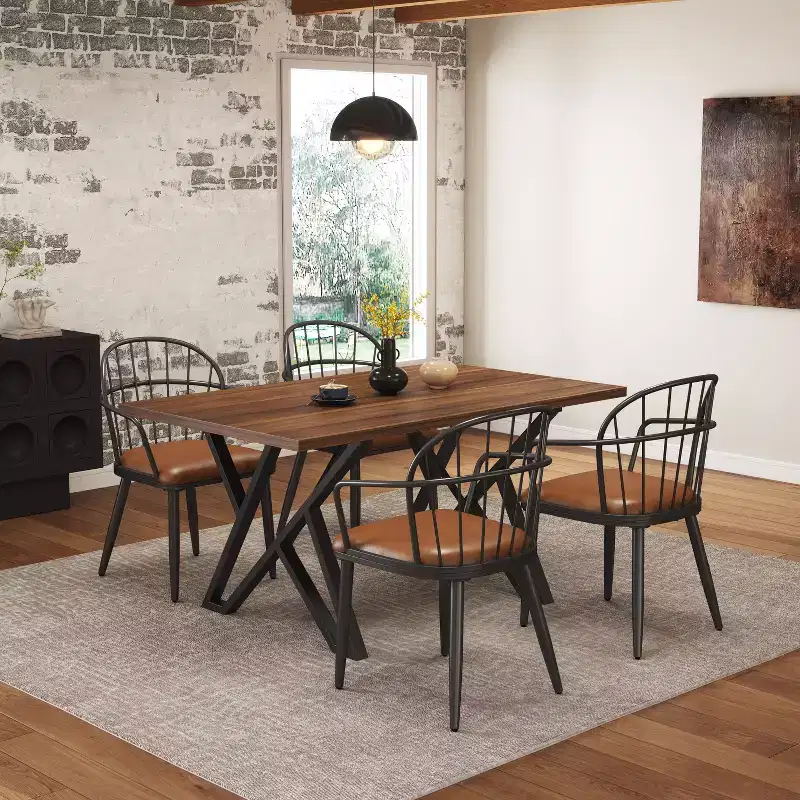 5 Piece Dining Table Set Dining Set with 4 Dining Chairs and Round/Square Table, Black+Natural/Walnut-ModernLuxe