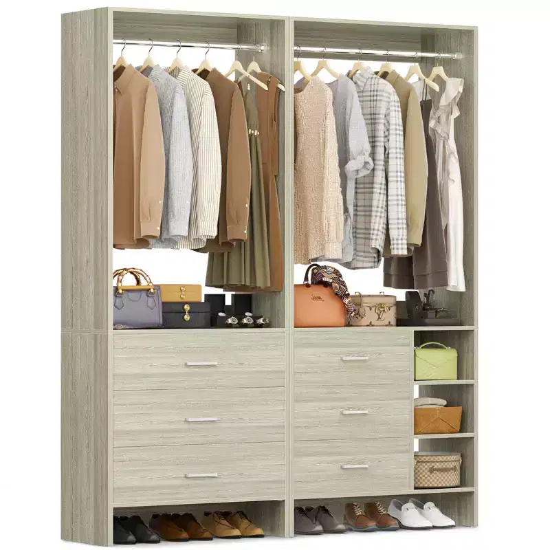 Besiost 54-In Closet System Set with Wood Drawers, Freestanding Closet Organizer with Hanging Rods