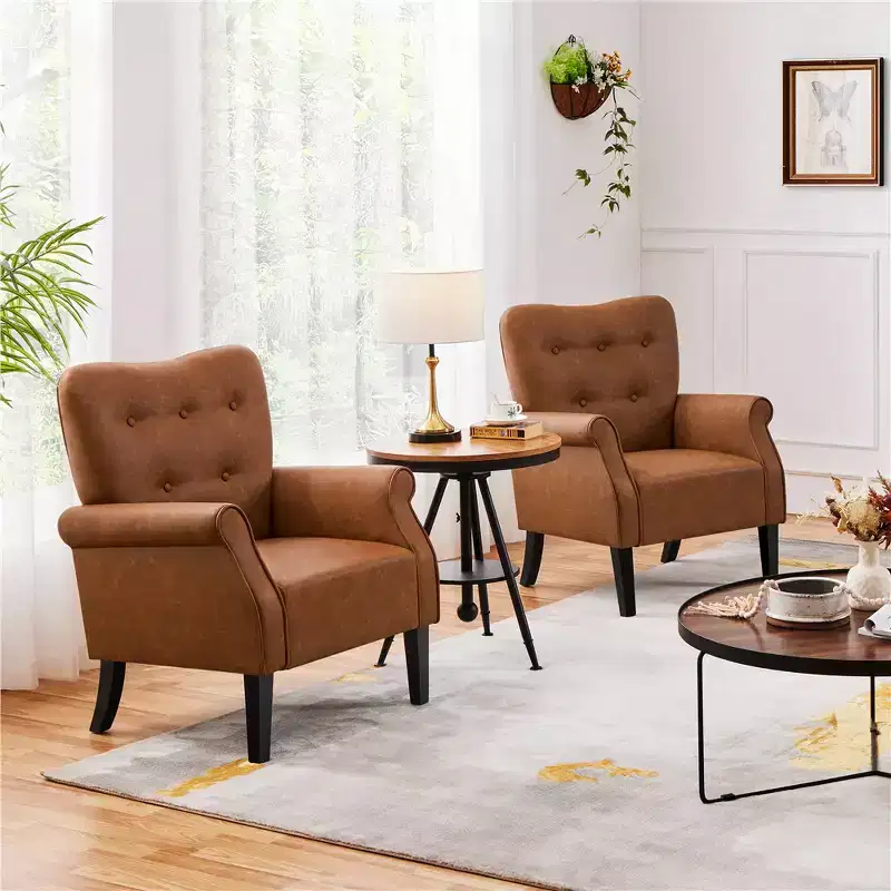 Yaheetech Set of 2 Mid-century Modern Faux Leather Armchair with Tufted High Back for Living Room, Bedroom, Retro Brown