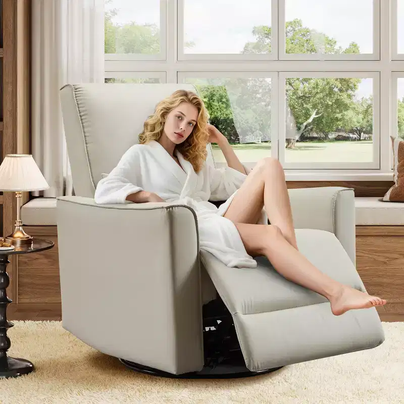 360 Swivel Rocking Recliner Chair, Glider Rocking Chair, Upholstered Faux Leather Recliner, Manual Recliner Chair with Lumbar Support