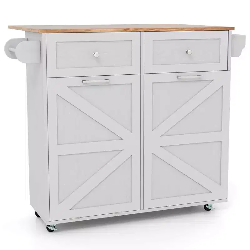 Costway Rolling Kitchen Island Kitchen Island Cart with Drop Leaf Trash Can Cabinet Black/White