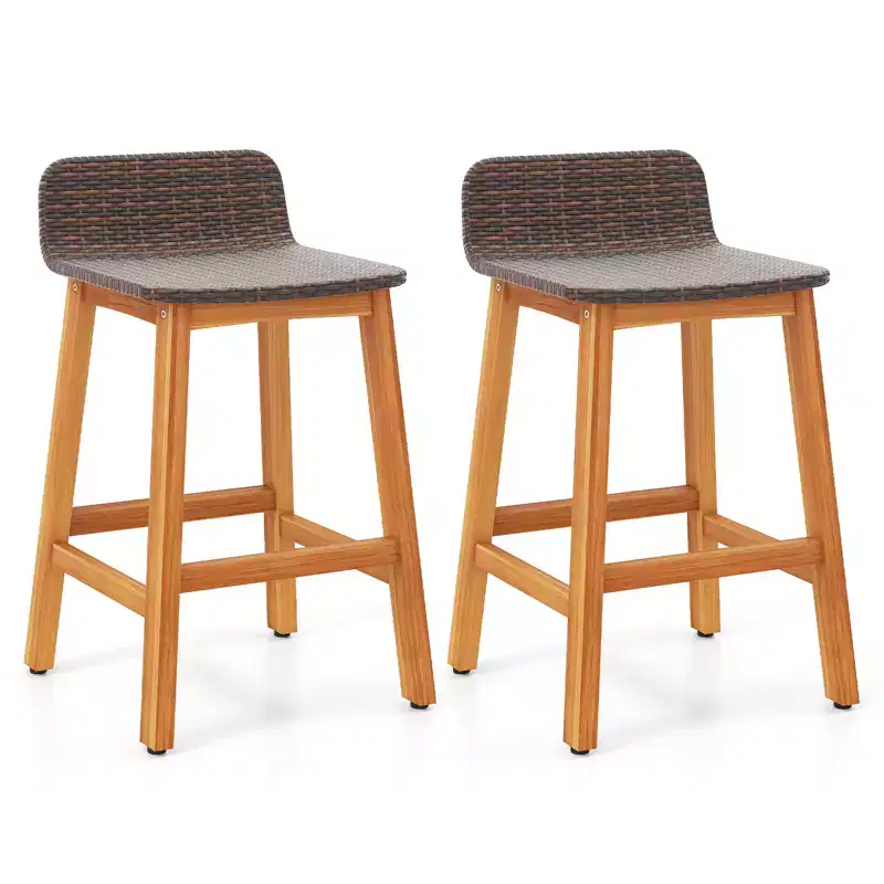 Costway Solid Acacia Wood Bar Stools Set of 2 Rattan Bar Height Patio Chairs for Porch