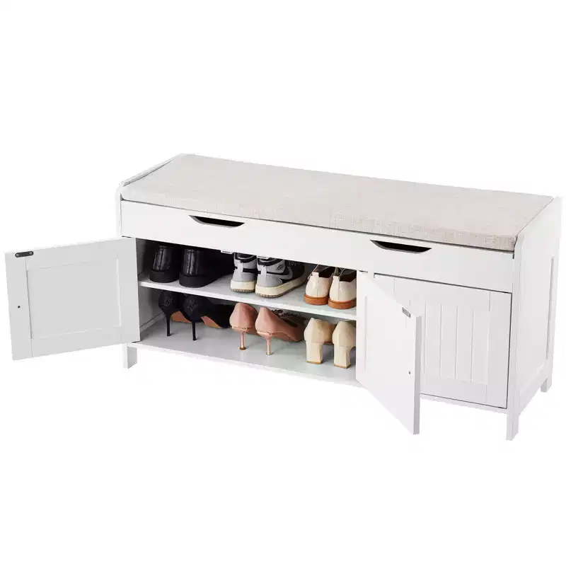 VEVOR Shoe Bench, 41.3 x 13.8 x 19.8 Inch Entryway Bench with Lift Top Storage and Seat Cushion, 250lbs Shoe Rack with 3 Cabinets , White