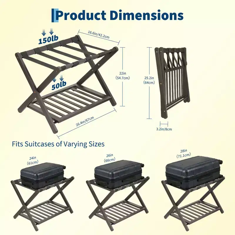 Folding Bamboo Luggage Rack with Storage Shelf 5 Durable Nylon Straps Holds 150 lbs Space-Saving Stand for Bedroom Guest Room Hotel