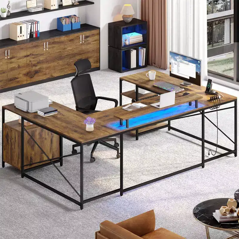 U Shaped Desk With Drawers Corner Computer Desk Office Desk With Monitor Stand & Storage Shelves Brown