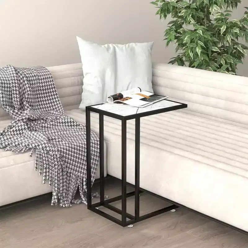 vidaXL Side Table White marble Tempered glass, iron 19.7 x 13.8 x 25.6 in