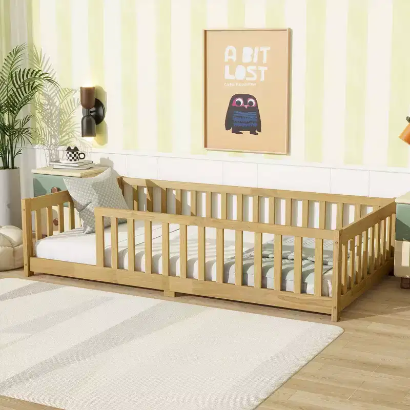 Twin Floor Bed with Fence without Door, Rubber Wood Floor Guardrails Beige
