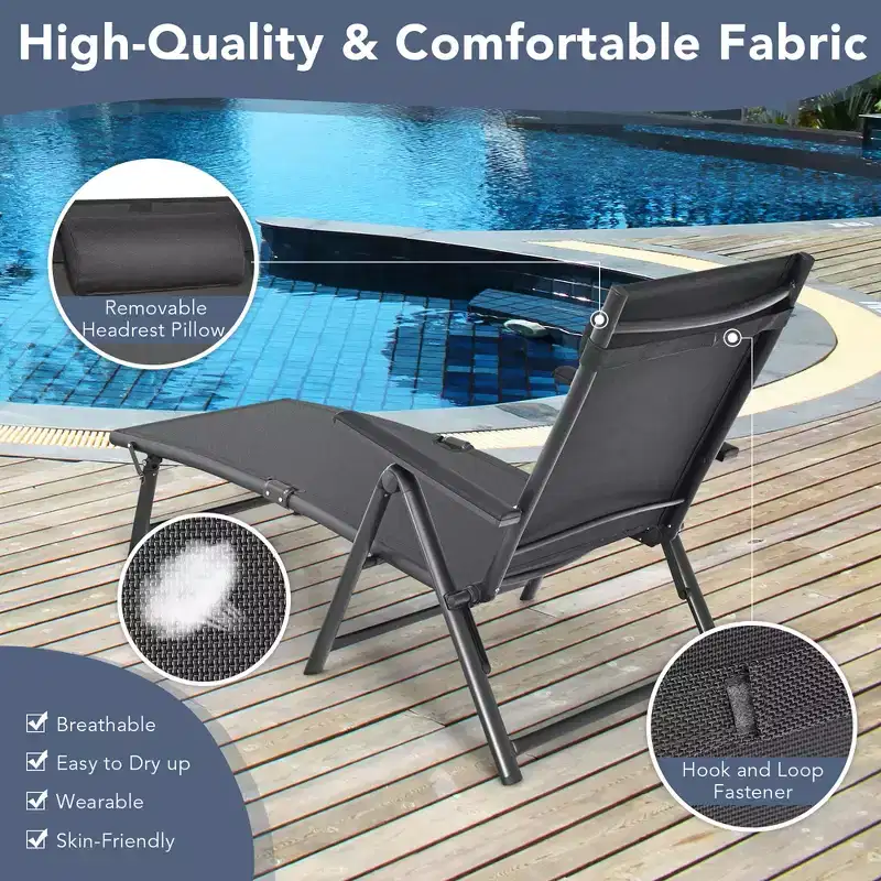 Costway Patio Chaise Lounge Chair Recliner Aluminum Adjustable Headrest Pillow