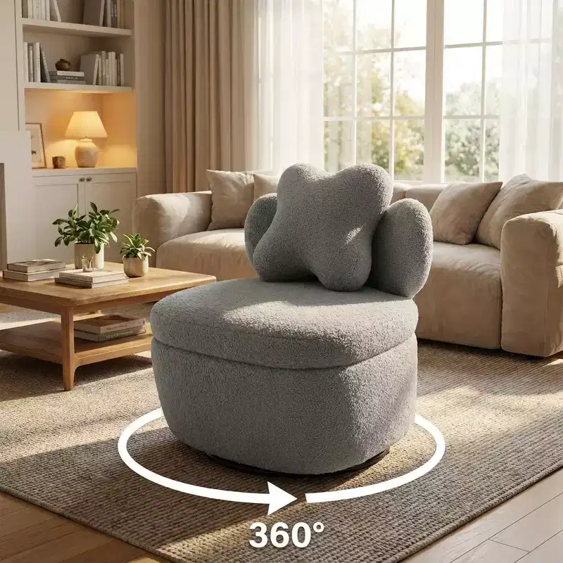 Heart Backrest 360° Swivel Lounge Chair with Storage, Teddy Velvet