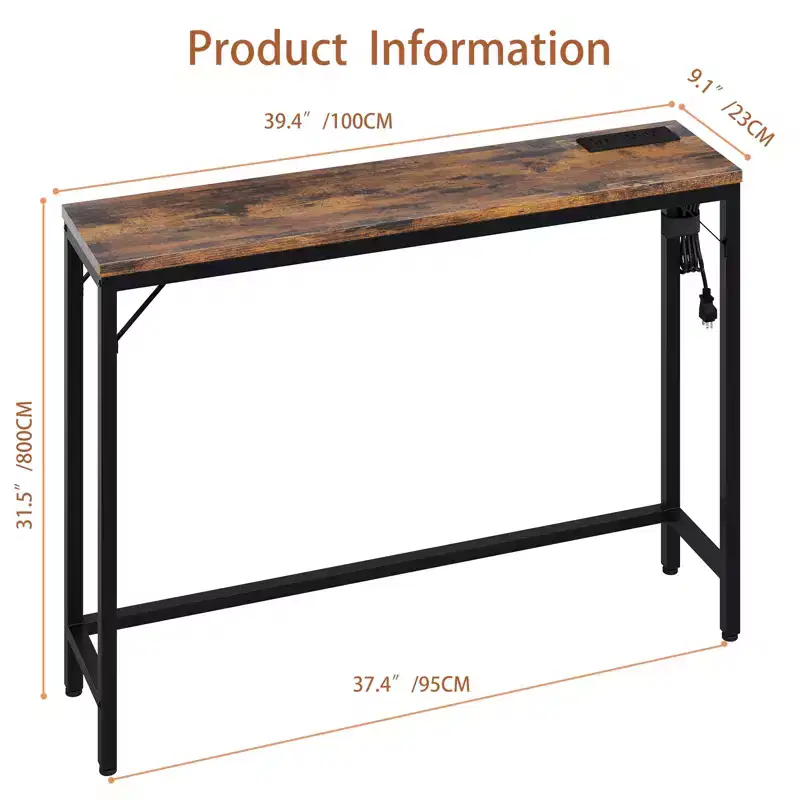COZONY 39 Narrow Entryway Table with USB Ports, Industrial Console Table with Charging Station for Hallway Living Room