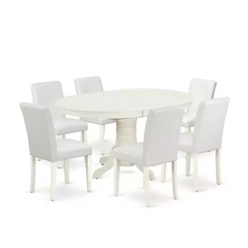 Dinette Set 7Pc Oval Table w/ Leaf & 6 Chairs - White PU Leather - Tuscan Style
