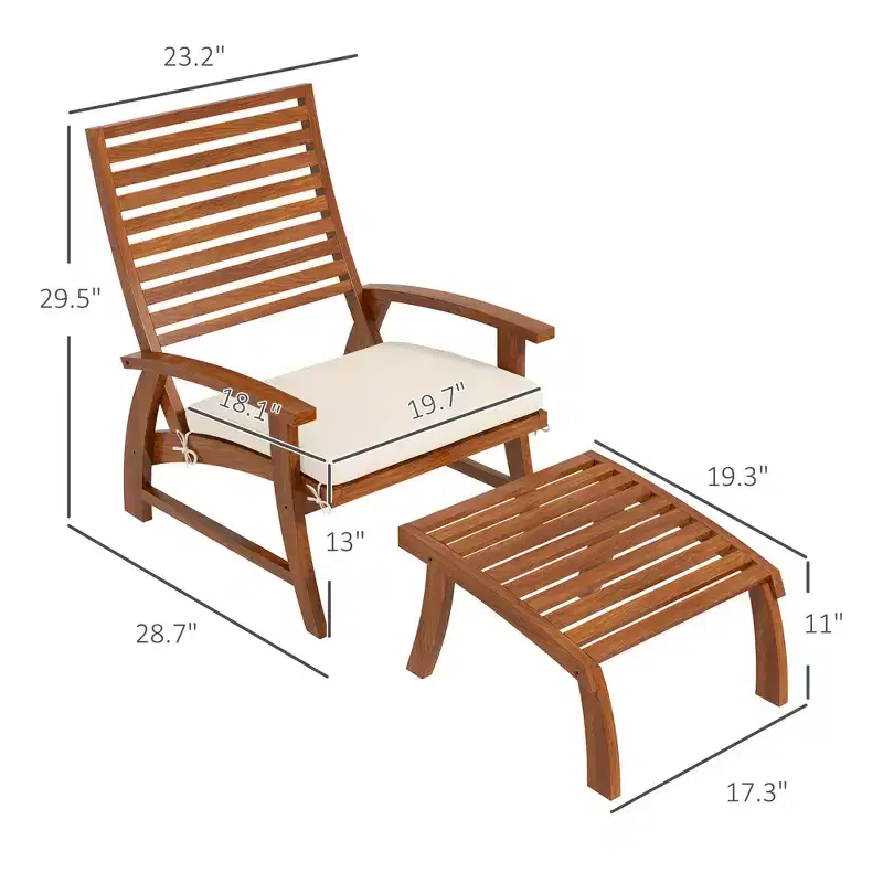 4 Piece Patio Furniture Set, 2 Chairs with Cushions & Ottomans, Slatted Acacia Wood