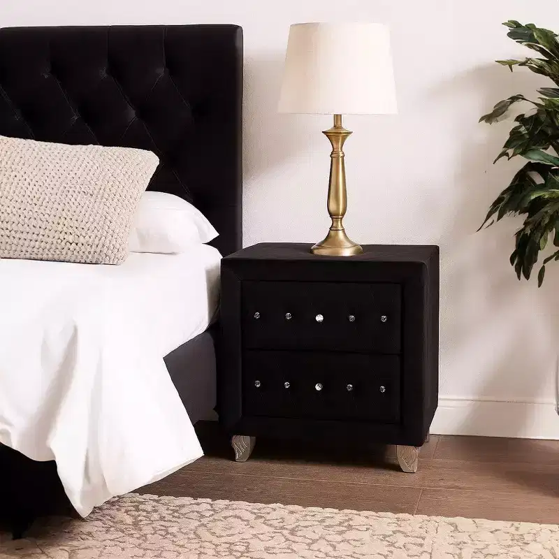 Royal Hampton Nightstand, 2 Drawers with Crystal Knobs, Black Velvet Upholstery