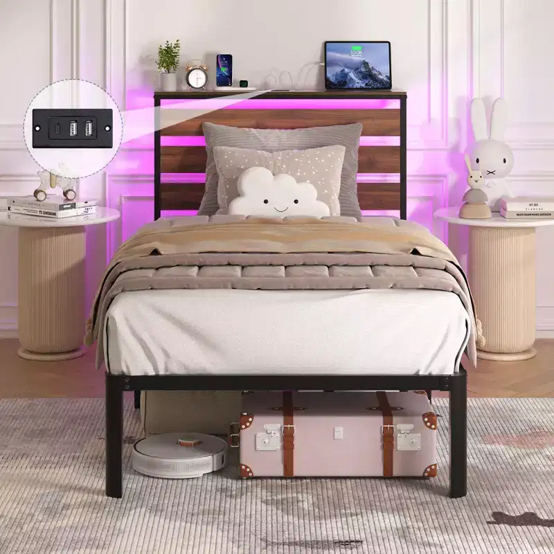 Twin Metal Platform Bed Frame with Charging Station & LED Lights, Space Saving Easy Assembly