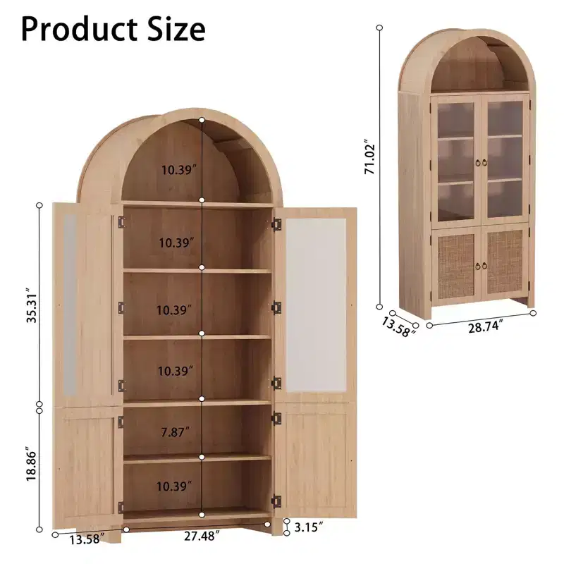 71 Arched Bookcase with Glass Doors&Rattan Storage,Modern Kitchen Storage Cabinet with Adjustable Shelves,Wood Cupboard for Dining Room&Living Room