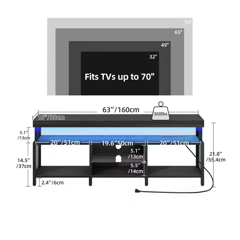LED TV Stand With Power Outlets & Storage Shelves for 70/65/60 inch TVs, TV Entertainment Center Media Console For Living Room