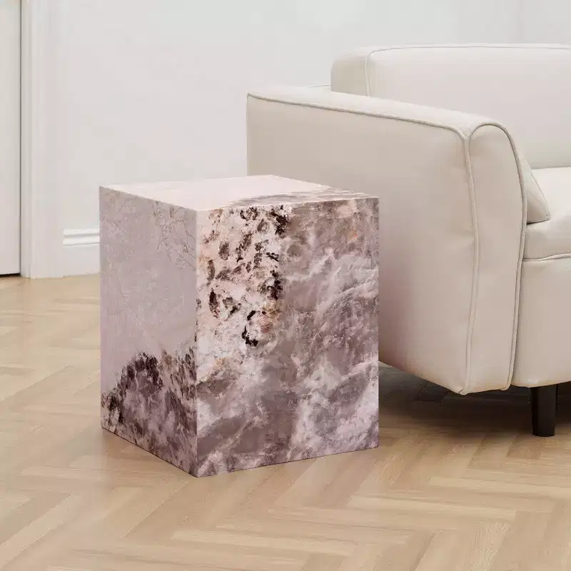 Square Accent End Table, White and Brown Faux Stone, 16 Inch