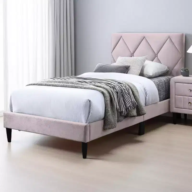 Modern Velvet Upholstered Platform Bed Frame with Adjustable Headboard