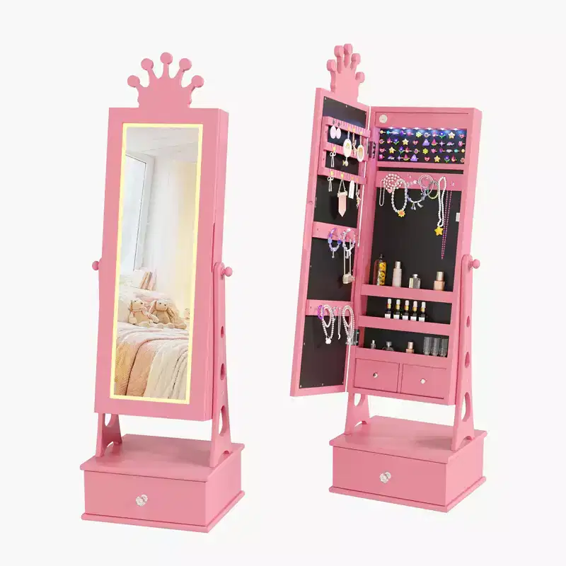 Kids Jewelry Armoire Cabinet, Standing Jewelry Organizer with Full-Length Mirror, 3 Storage Drawer, Kids Vanity Dress Up Mirror Jewelry Cabinet