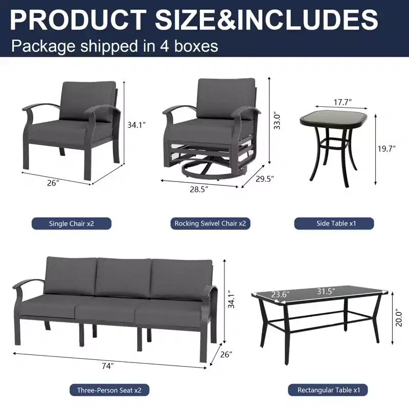 ALAULM 7-Seat Aluminum Patio Furniture Sofa Set, Outdoor Furniture Set w/Swivel Rocking Chair, Metal Coffee Table