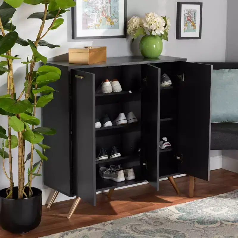Wood 3 Door Cabinet Dark Gray/Gold: Entryway Organizer with 4 Shelves