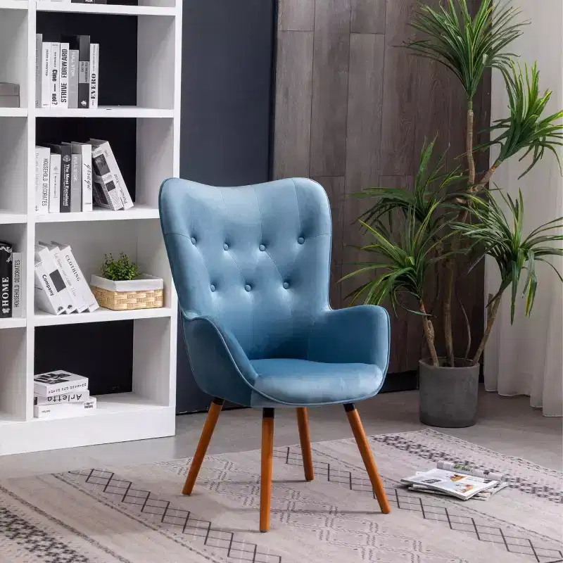 Contemporary Silky Velvet Tufted Button Back Accent Chair, Blue