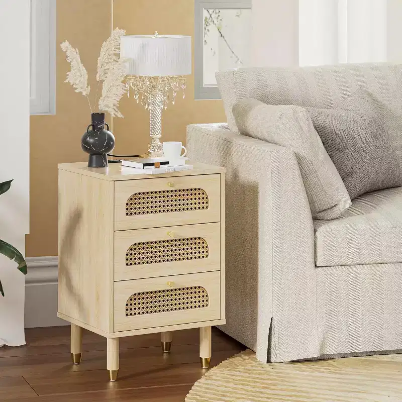 Nightstand, Rattan Night Stand 3 Drawer Bed Side Table, Boho End Table