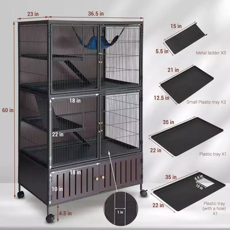 Small Animal Cage, Ferret Cage - 59'' 5-Tier Habitat with Storage Cabinet, Includes Hammock/Wheels/Removable Ramps/Easy-Clean Trays