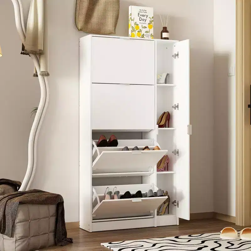 Slim Shoe Cabinet with Full-Length Mirror, 4 Flip Drawers & 4 Side Shelves – Holds 24 Pairs, 61