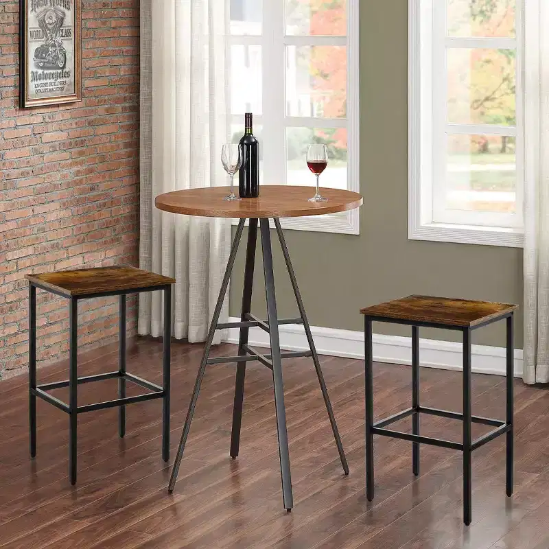 Set of 2 Rustic Brown Backless Counter Height Bar Stools with Steel Frame