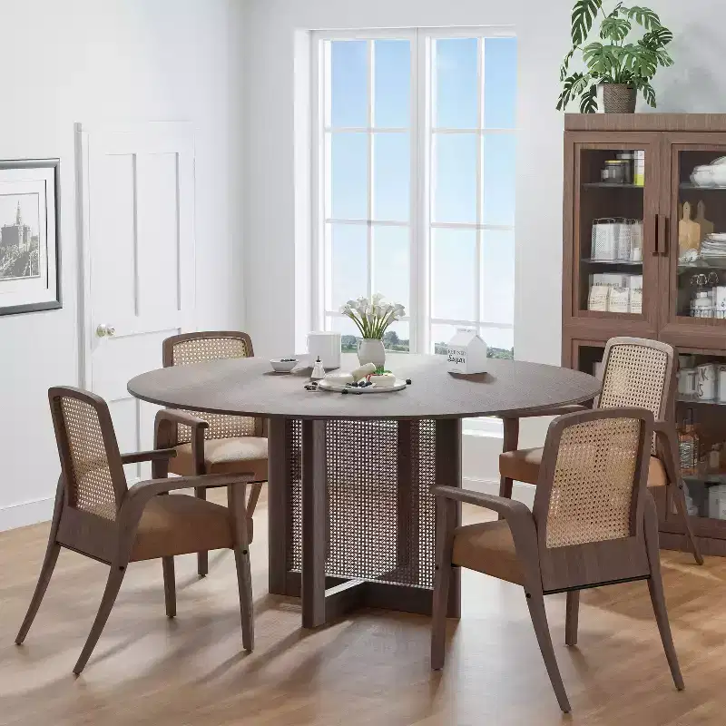 PexFix 60 x 60 Farmhouse Kitchen Dining Room Table Furniture Round Walnut Kitchen Table with Rattan Woven Legs for Kitchen Bar Living Room