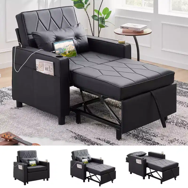 TYBOATLE 3-in-1 Convertible Sleeper Chair Bed for Adults  Pull-Out Futon Sofa with USB & Type-C Ports, Cup Holders, Side Pockets for Small Spaces