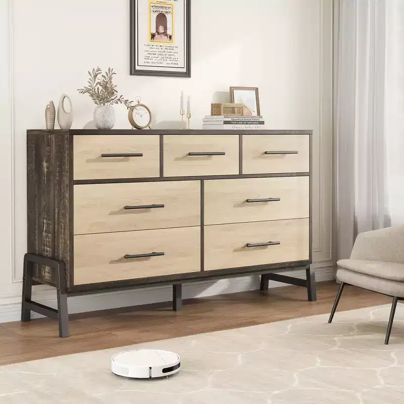7 Dresser for Bedroom, Freestanding 52 Wide Drawer Dresser with Storage,Rustic Natural Oak Storage Chest  Elevate Living Room, Bedroom