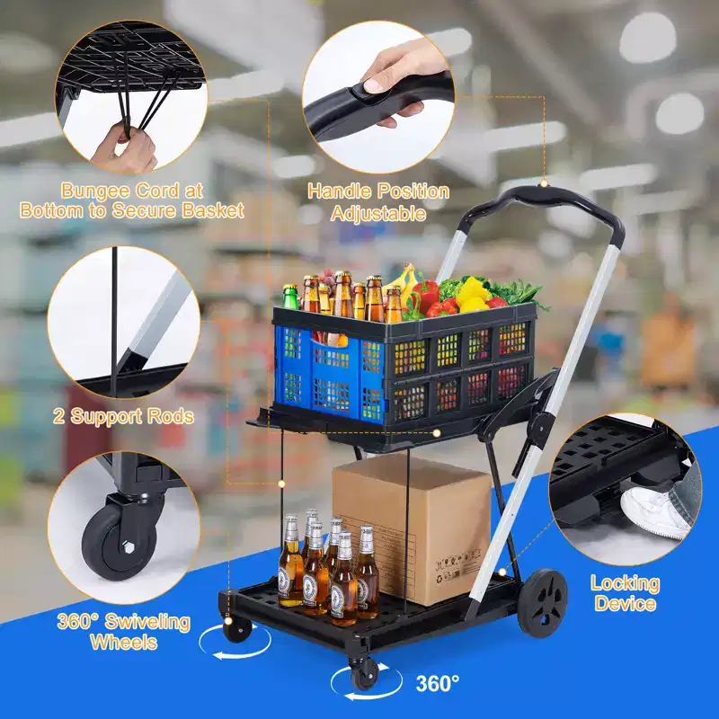 Space-Saving 2-Tier Outdoor Garden Cart, Removable Storage Crate, Lightweight Aluminum Utility Trolley with Wheels for Shopping,Picnic,Home,Gardening