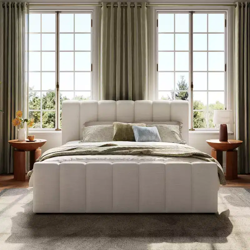 Christopher Knight Home Emi Modern Linen Upholstered Bed Frame With Thick Headboard and Rubberwood Legs
