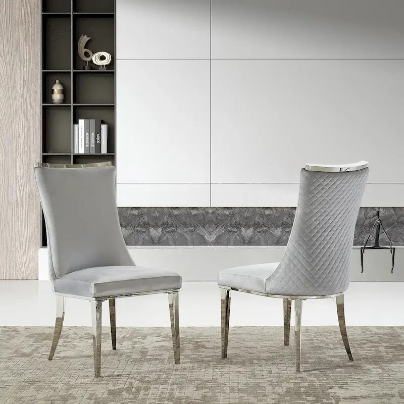 Velvet Dining Room Chairs with Reticulate Texture Back and Metal Trim Top