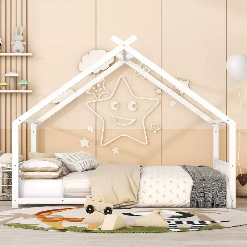Bellemave House Platform Bed Full Size, Full Size House Bed with Headboard, Footboard and Slats Support,White