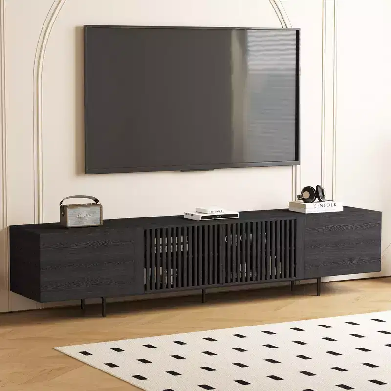 Luck Live 94.48 Black Modern TV Stand with Adjustable Shelves, Soft-Close Hinges & Cable Holes, Metal Legs for Home Living