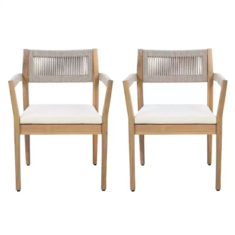 NAYSAYE Patio Dining Sets Braided Acacia Wood Dining Chairs with Cushions and Armrests for Garden Poolside, Teak and Beige, 23.25*21.5*32.25