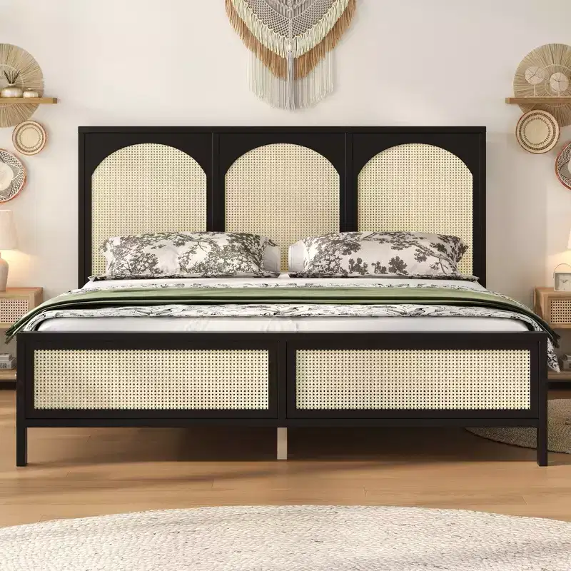 Brewer Wood Platform Bed with Rattan Headboard and Footboard