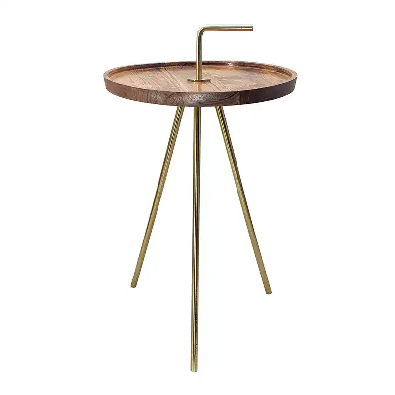Acacia Wood Side Table with Tripod Steel Legs Brown Gold 16x23.5