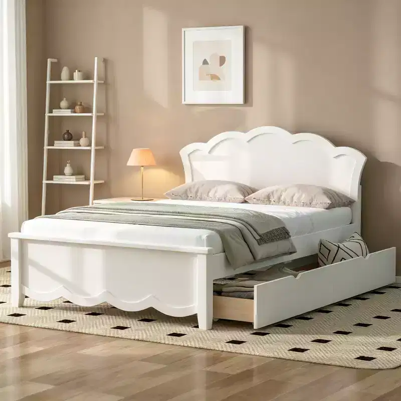 Modern Wood Platform Bed with Headboard & 2 Storage Drawers, White, Twin/Full, 600 lb