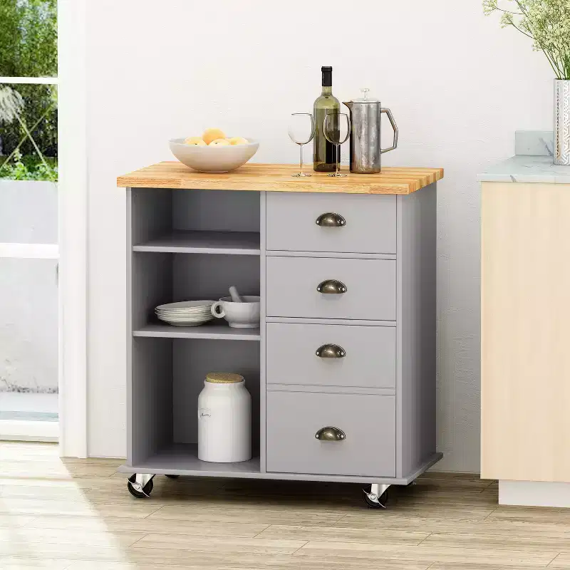 Okak Modrn Kitchen Island Cart with Solid Wood Top & Towel Rack & Wheels,Mobile Storage Cabinet Sideboard for Kitchen,Dining Room