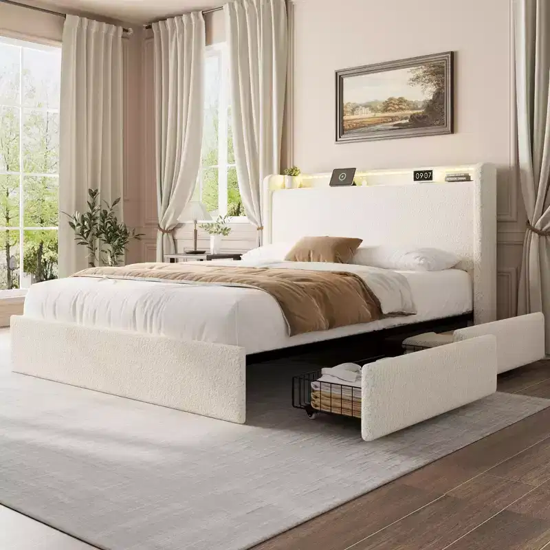 Boucle Platform Bed Frame with RGB LED Headboard, Charging Station & 4 Storage Drawers, Cream