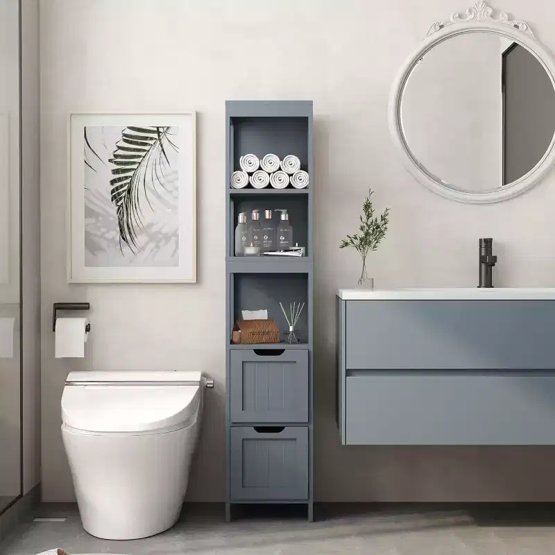 57 Tall Slim Bathroom Storage Cabinet with Shelves & Drawers Waterproof Tower Organizer