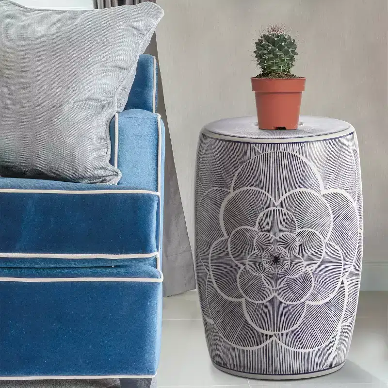 JONATHAN Y Camellia 17 Ceramic Drum Garden Stool/Accent Table, Blue