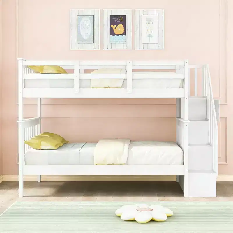 Luxystar Twin over Twin Bunk Bed with Storage Staircase and Fence for Apartment and Dorm