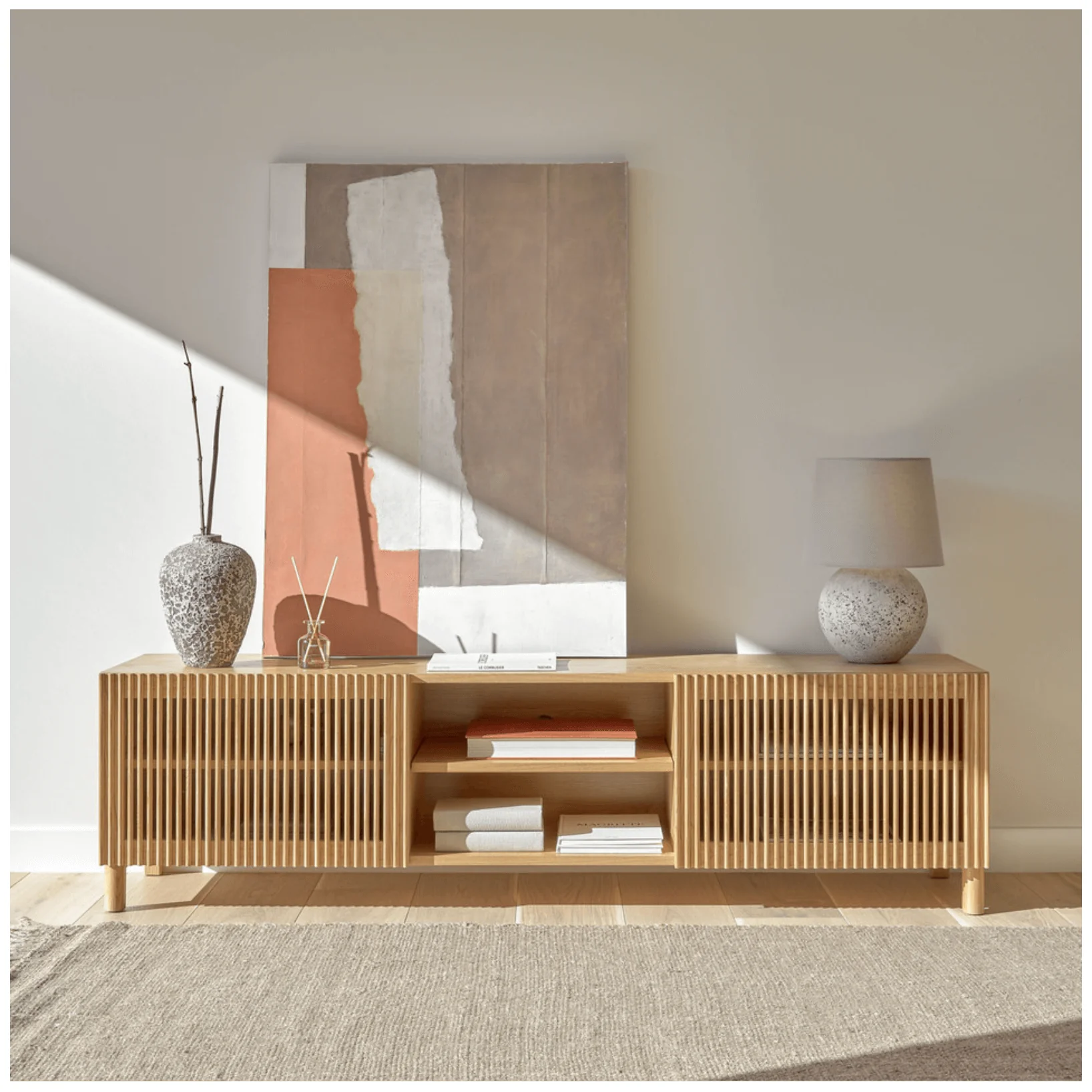 Coastal Natural ash Oak Entertainment Cabinet with Storage for Living Room