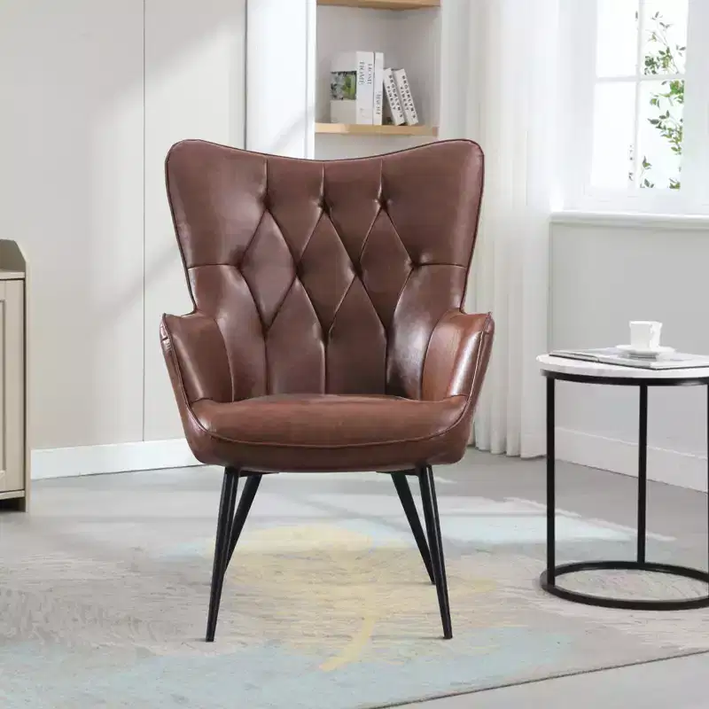 Dark Brown Leather Arm Chair with Soft Filling Accent Chair with Wing Back